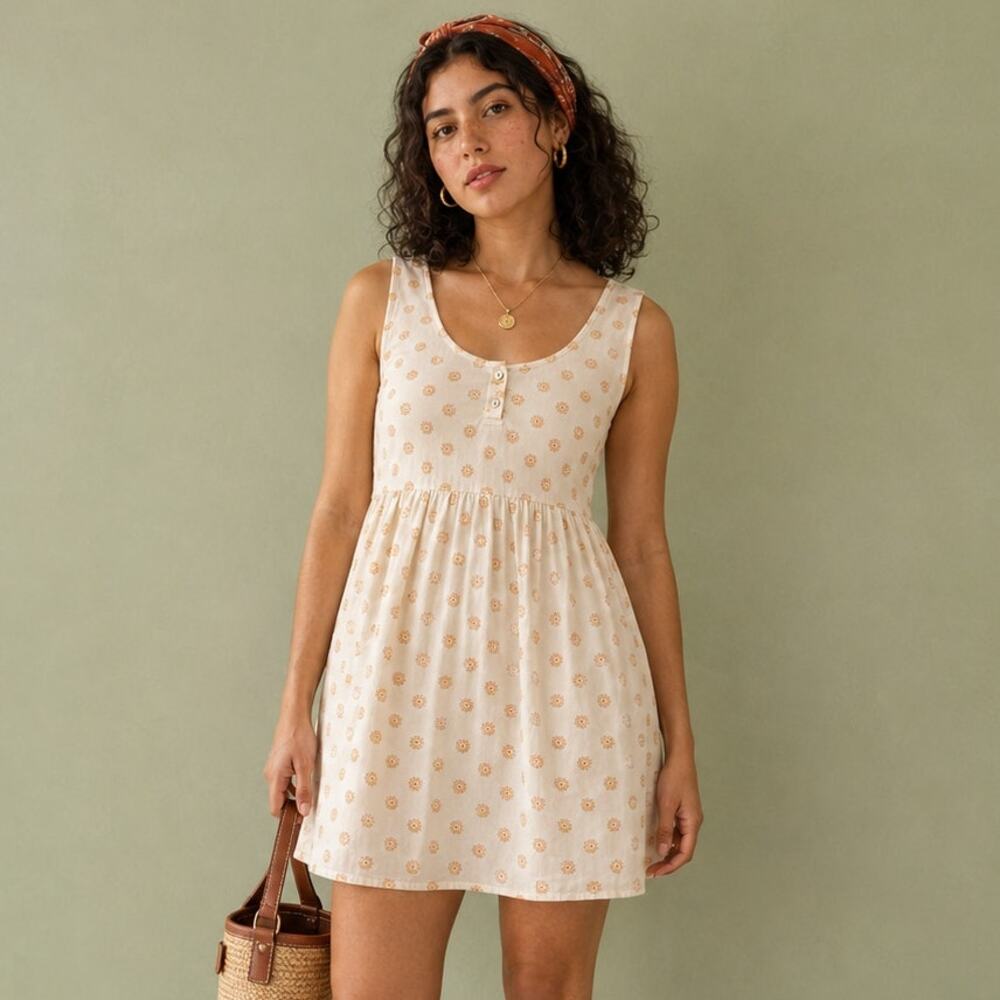 Brixton Cream Floral Henley Babydoll Mini Dress S Cottagecore Prairie Indie 70s